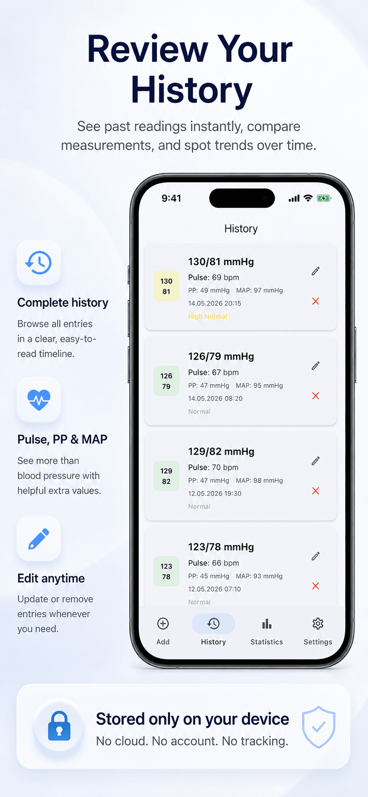 History screen of the My Blood Pressure app